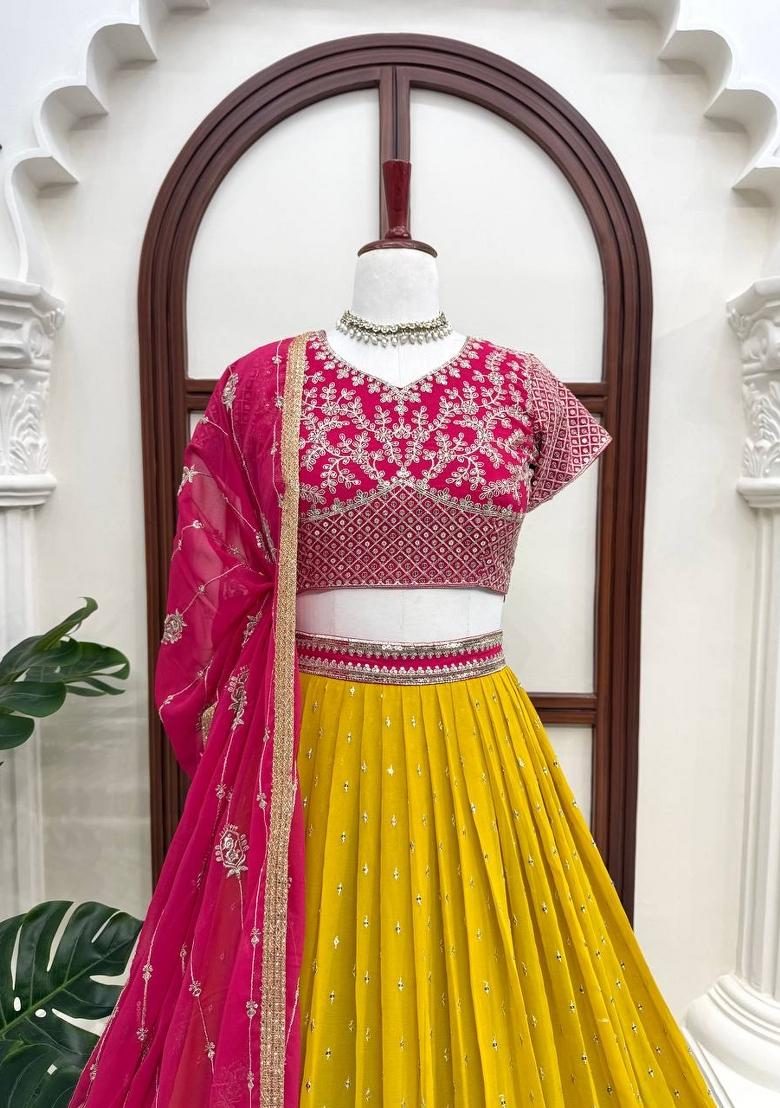Yellow Sequin Work Georgette Lehenga Set - Indya