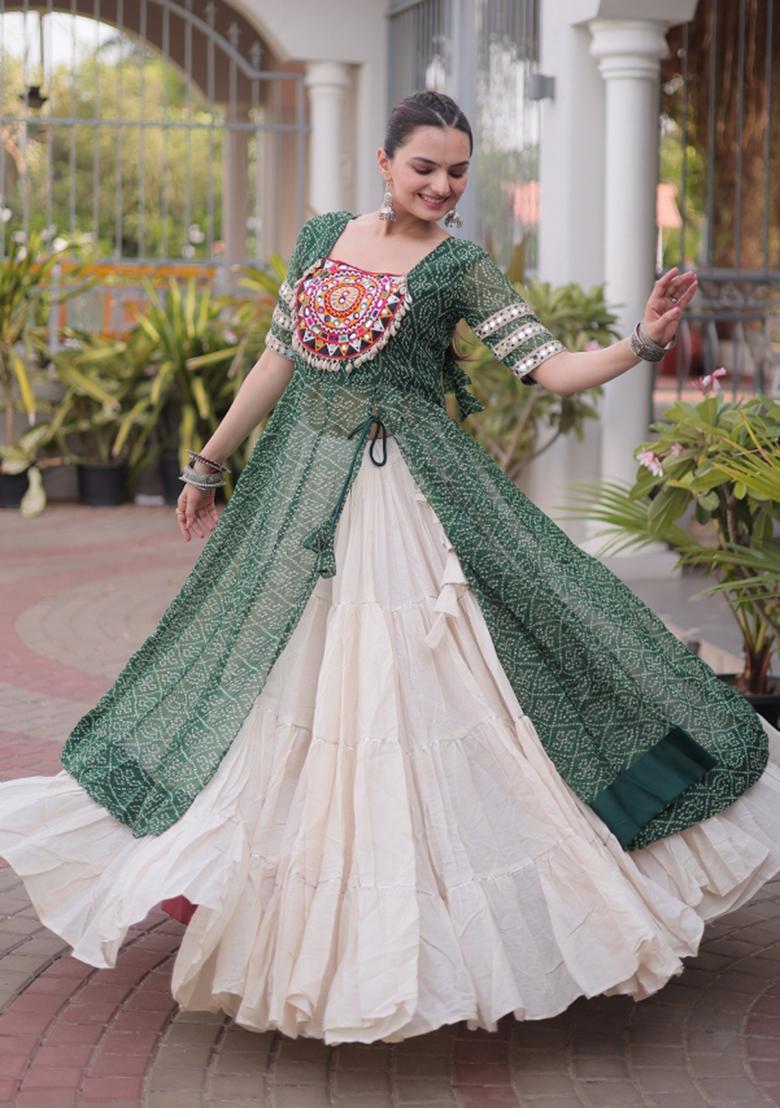 Green Patch Cotton Chaniya Choli Set For Navratri And Garba - Indya