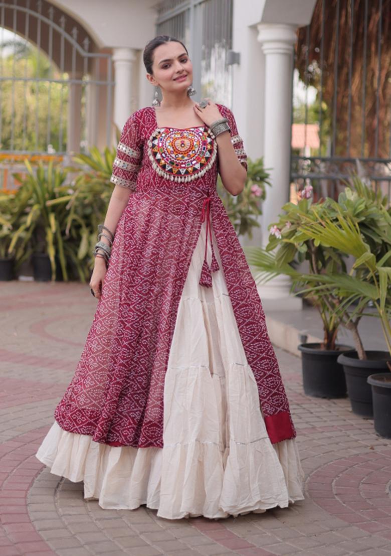 Maroon Patch Cotton Chaniya Choli Set For Navratri And Garba - Indya