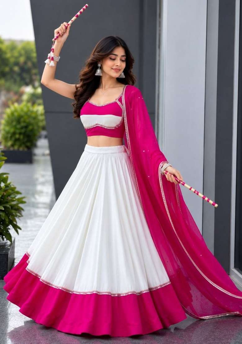 White Plain Cotton Chaniya Choli Set For Navratri And Garba for Diwali | Wedding & Festive Wear - Indya