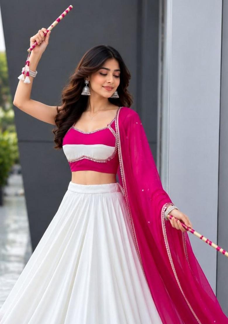 White Plain Cotton Chaniya Choli Set For Navratri And Garba - Indya