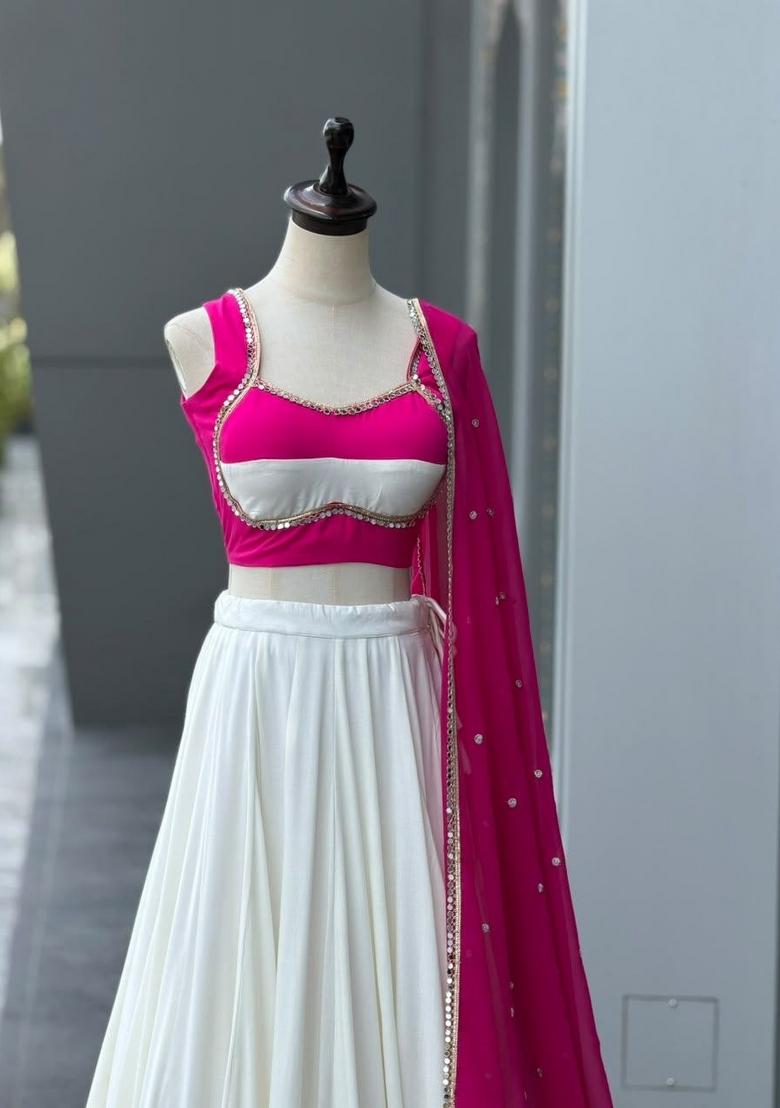 White Plain Cotton Chaniya Choli Set For Navratri And Garba - Indya