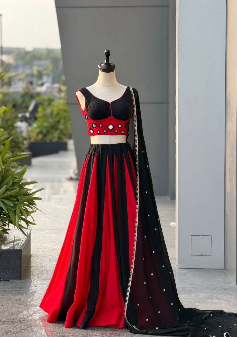 Red Plain Cotton Chaniya Choli Set For Navratri And Garba for Diwali and Festive Wear - Indya