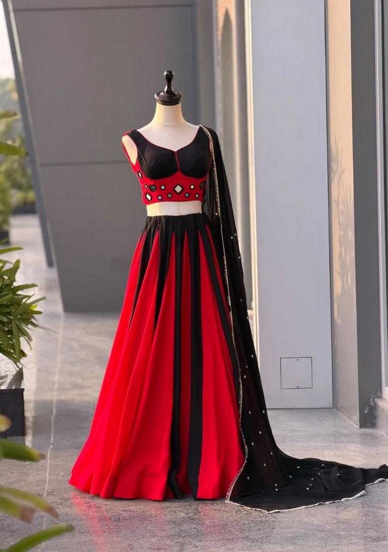 Red Plain Cotton Chaniya Choli Set For Navratri And Garba - Indya