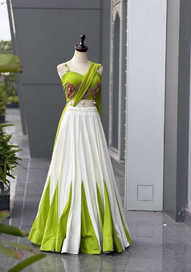 White Plain Cotton Chaniya Choli Set For Navratri And Garba for Diwali and Festive Wear - Indya