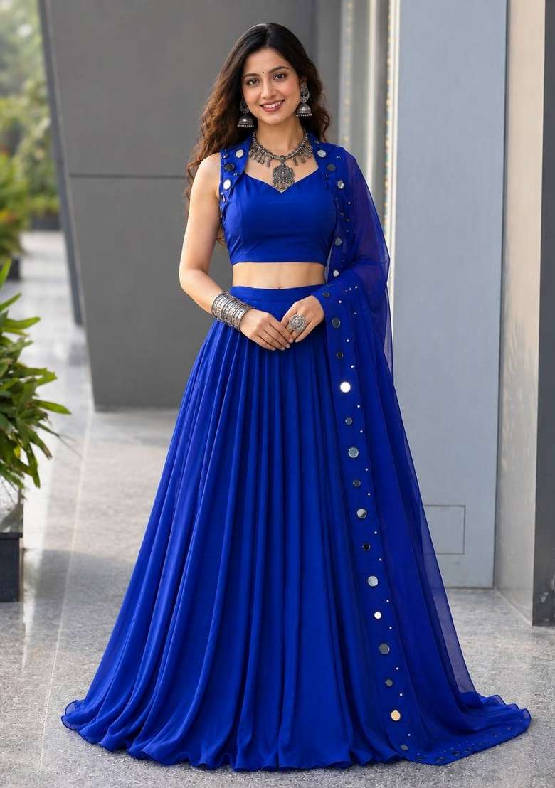 Royal Blue Embroidered Cotton Chaniya Choli Set For Navratri And Garba for Diwali and Festive Wear - Indya