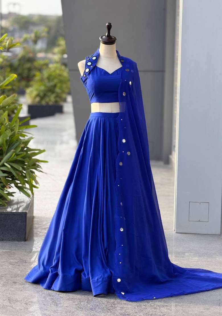 Royal Blue Embroidered Cotton Chaniya Choli Set For Navratri And Garba for Diwali and Festive Wear - Indya
