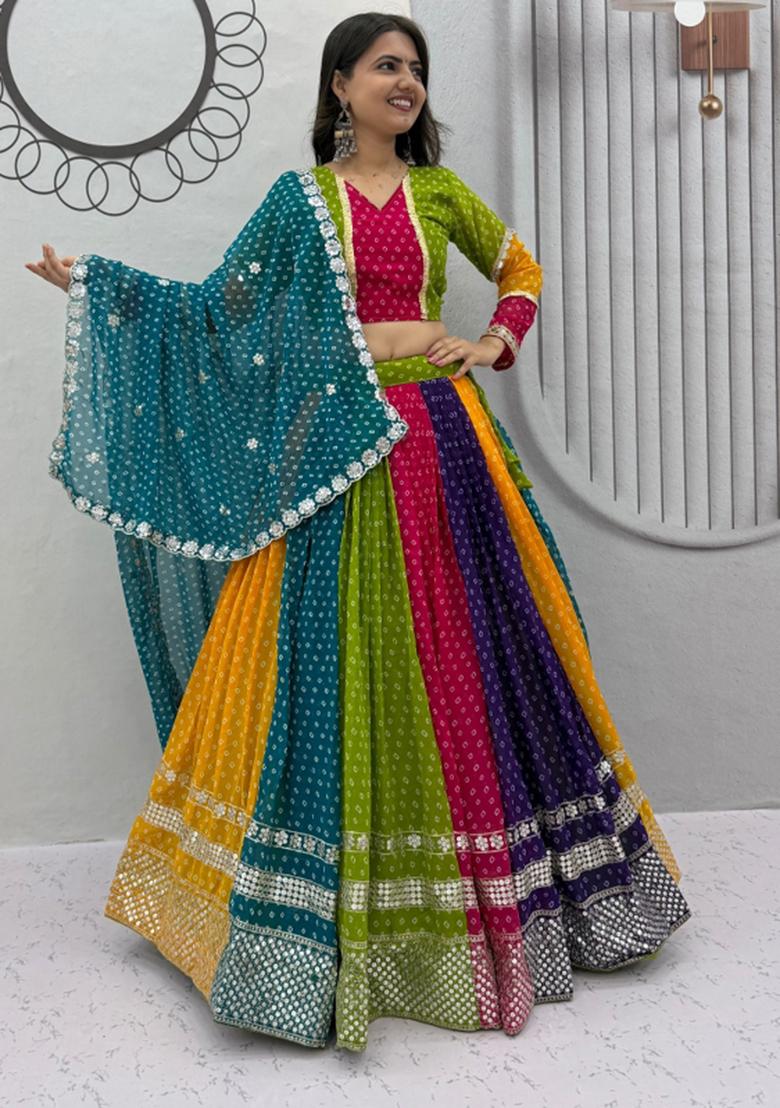 Multicolor Embroidered Georgette Chaniya Choli Set For Navratri And Garba - Indya
