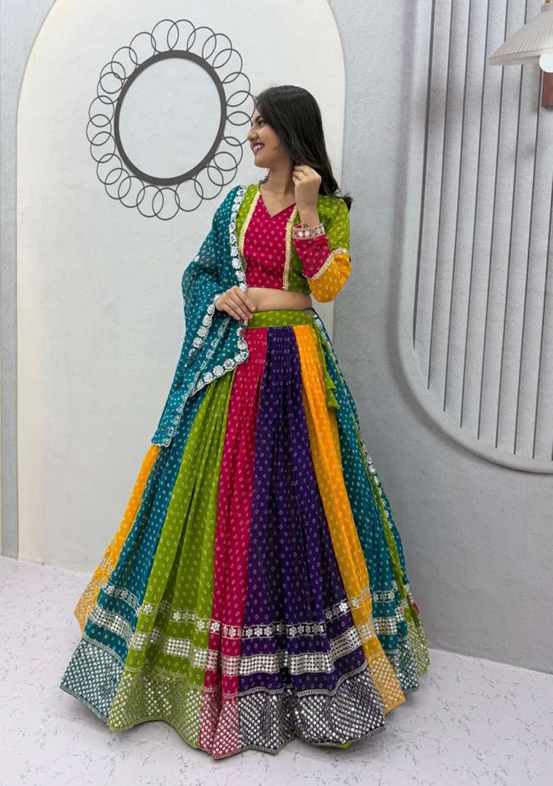 Multicolor Embroidered Georgette Chaniya Choli Set For Navratri And Garba for Diwali | Wedding & Festive Wear - Indya