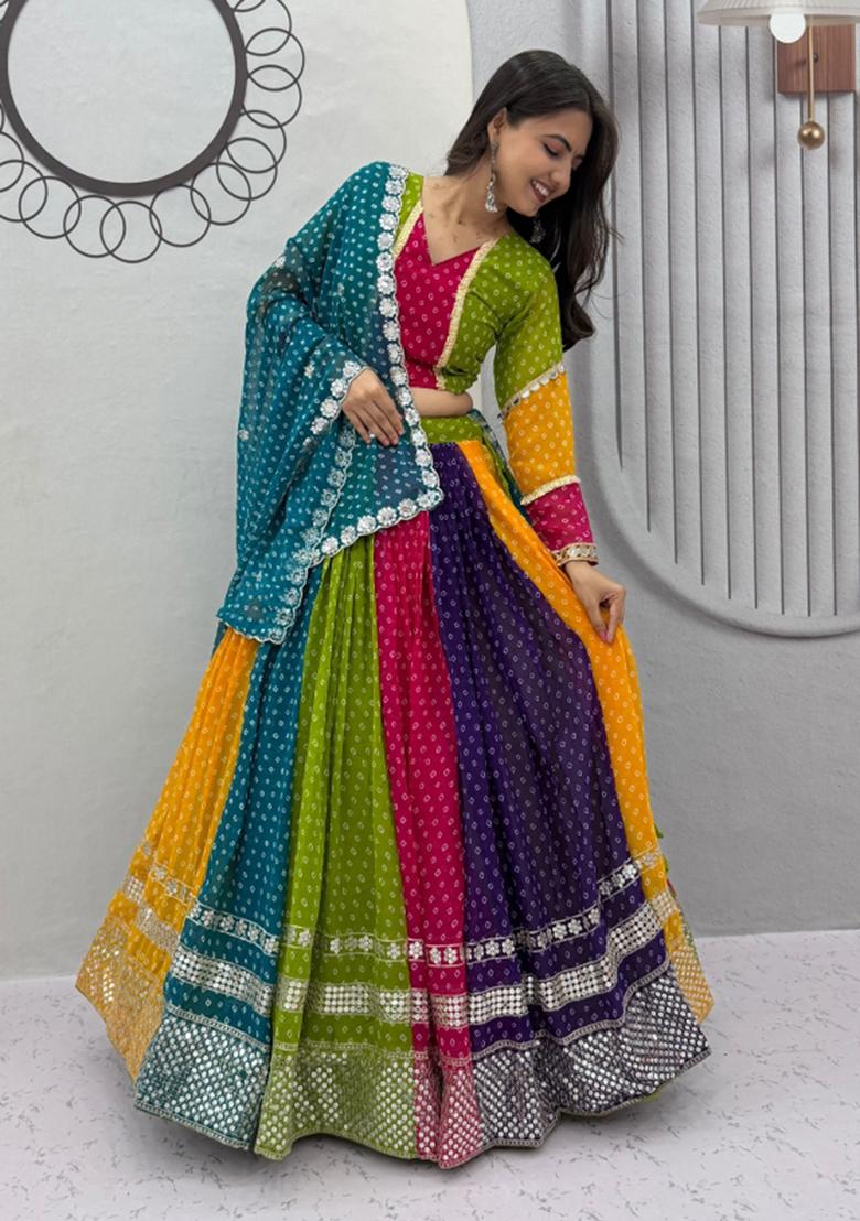 Multicolor Embroidered Georgette Chaniya Choli Set For Navratri And Garba - Indya