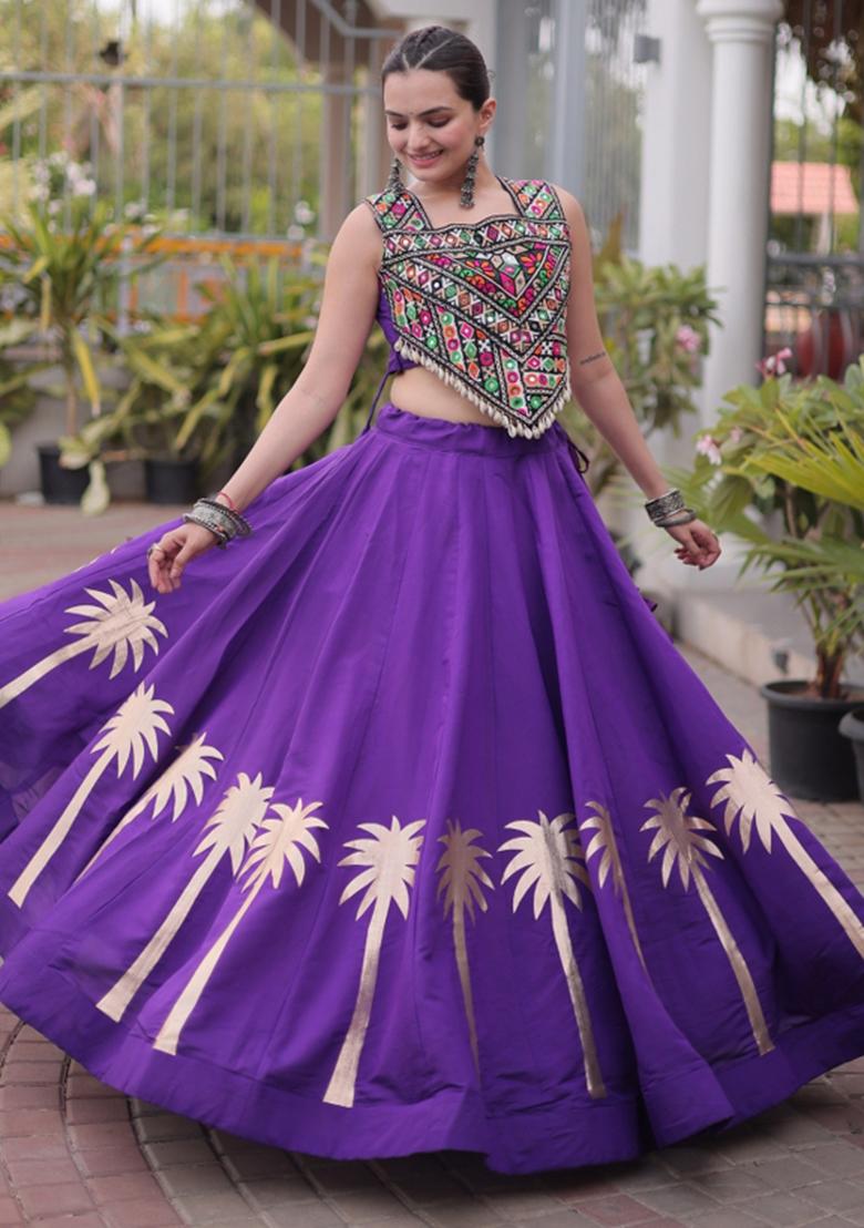 Purple Embroidered Roman Chaniya Choli Set For Navratri And Garba - Indya