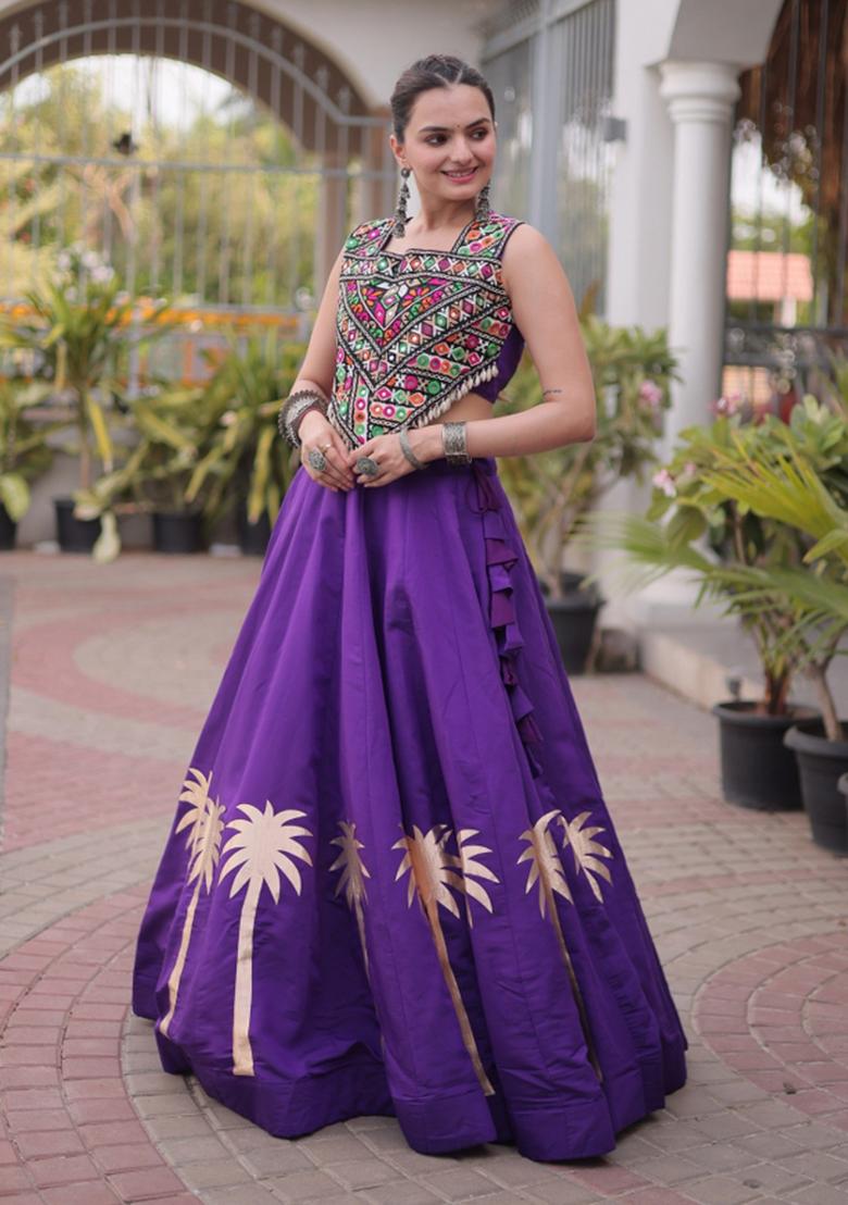 Purple Embroidered Roman Chaniya Choli Set For Navratri And Garba - Indya