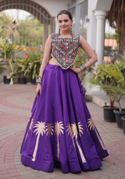 Purple Embroidered Roman Chaniya Choli Set For Navratri And Garba