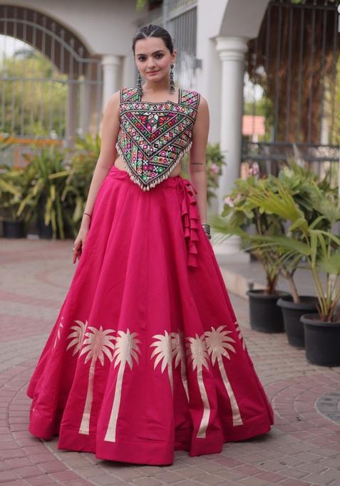Pink Embroidered Roman Chaniya Choli Set For Navratri And Garba