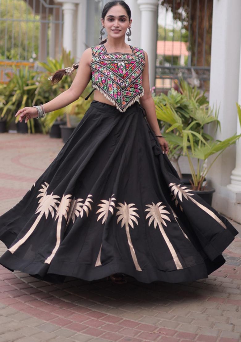 Black Embroidered Roman Chaniya Choli Set For Navratri And Garba - Indya