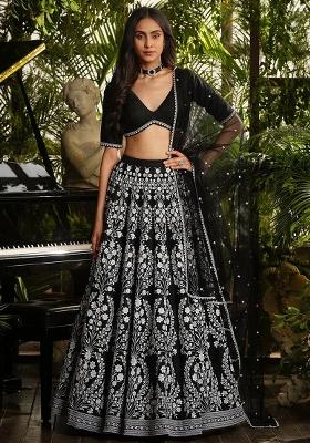 Black Embroidered Cotton Lehenga Set