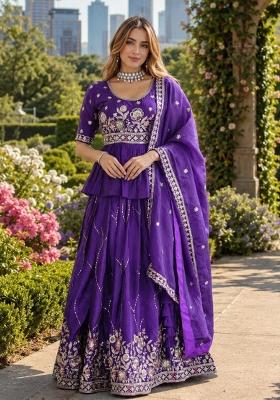Purple Embroidered Silk Lehenga Set