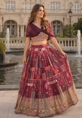 Maroon Embroidered Silk Lehenga Set