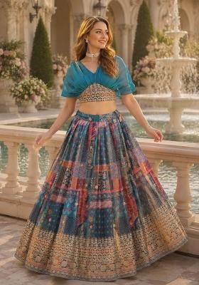 Blue Embroidered Silk Lehenga Set