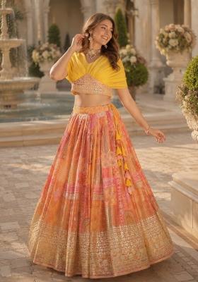 Orange Embroidered Silk Lehenga Set