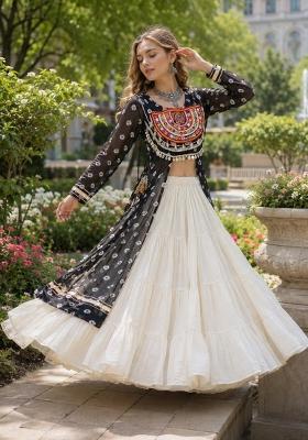 White Kutchi Work Cotton Lehenga Set