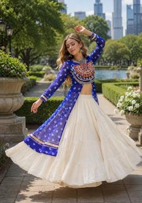 White Kutchi Work Cotton Lehenga Set