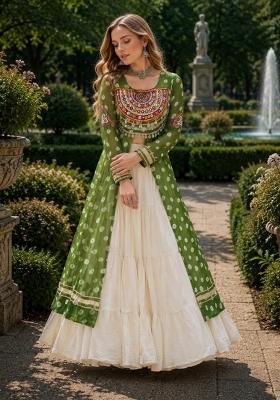White Kutchi Work Cotton Lehenga Set