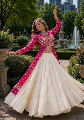 White Kutchi Work Cotton Lehenga Set