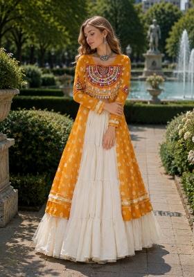 White Kutchi Work Cotton Lehenga Set
