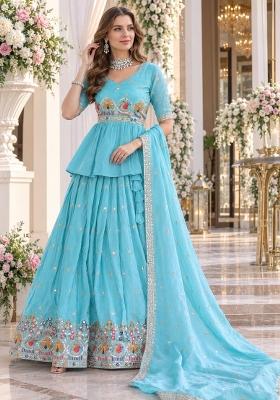 Sky Blue Embroidered Silk Lehenga Set