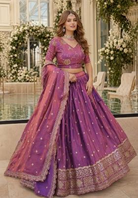 Purple Embroidered Silk Lehenga Set