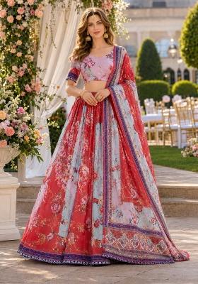 Orange Embroidered Silk Lehenga Set