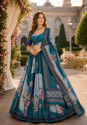 Blue Embroidered Silk Lehenga Set