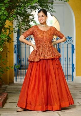 Orange Embroidered Silk Lehenga Set