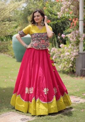 Rani Pink Mirror Work Silk Chaniya Choli Set For Navratri And Garba