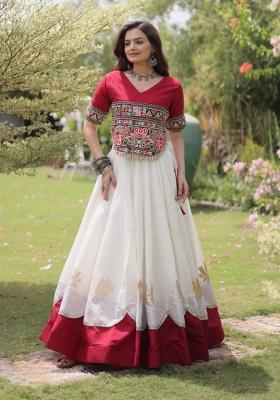 White Mirror Work Silk Chaniya Choli Set For Navratri And Garba