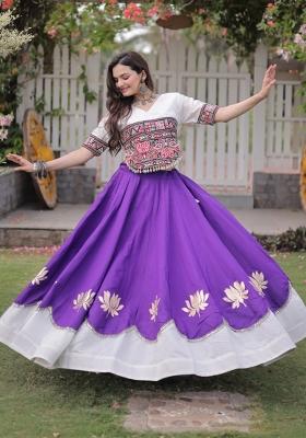 Violet Mirror Work Silk Chaniya Choli Set For Navratri And Garba