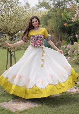 White Mirror Work Silk Chaniya Choli Set For Navratri And Garba