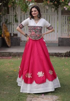 Rani Pink Mirror Work Silk Chaniya Choli Set For Navratri And Garba