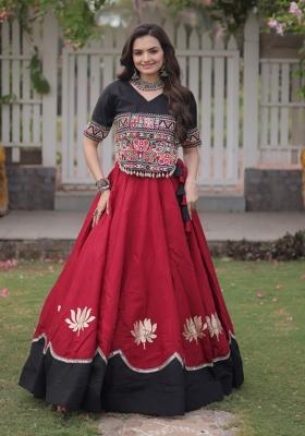 Red Mirror Work Silk Chaniya Choli Set For Navratri And Garba