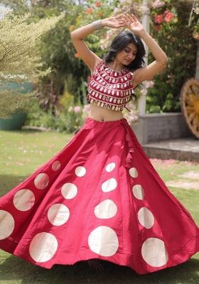 Red Mirror Work Silk Chaniya Choli Set For Navratri And Garba