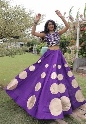 Violet Mirror Work Silk Chaniya Choli Set For Navratri And Garba