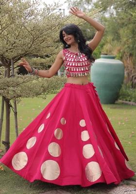 Rani Pink Mirror Work Silk Chaniya Choli Set For Navratri And Garba