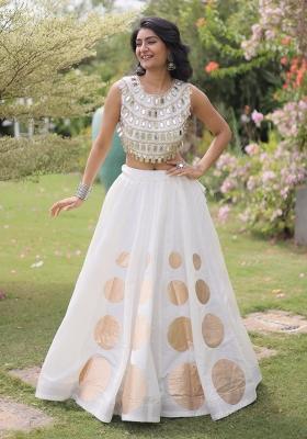 White Mirror Work Silk Chaniya Choli Set For Navratri And Garba