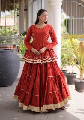 Orange Lace Work Cotton Chaniya Choli Set For Navratri And Garba