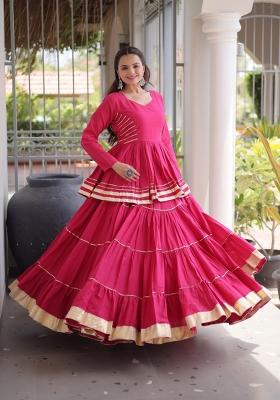 Rani Pink Lace Work Cotton Chaniya Choli Set For Navratri And Garba