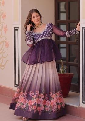Violet Embroidered Silk Lehenga Set