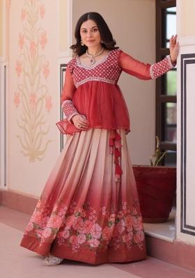 Orange Embroidered Silk Lehenga Set