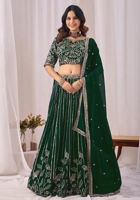 Dark Green Embroidered Georgette Lehenga Set