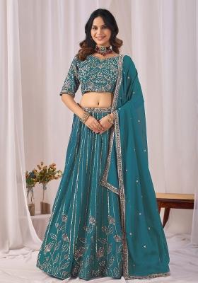 Teal Blue Embroidered Georgette Lehenga Set